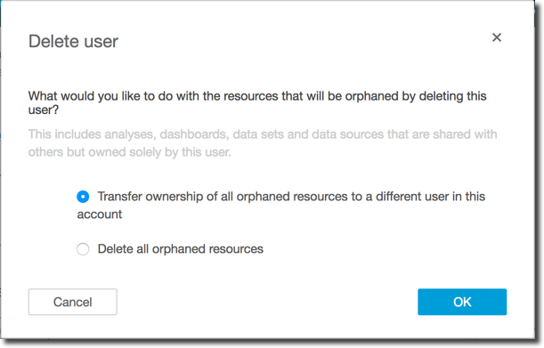 Dialog box for deleting a user with options to transfer or delete orphaned resources.