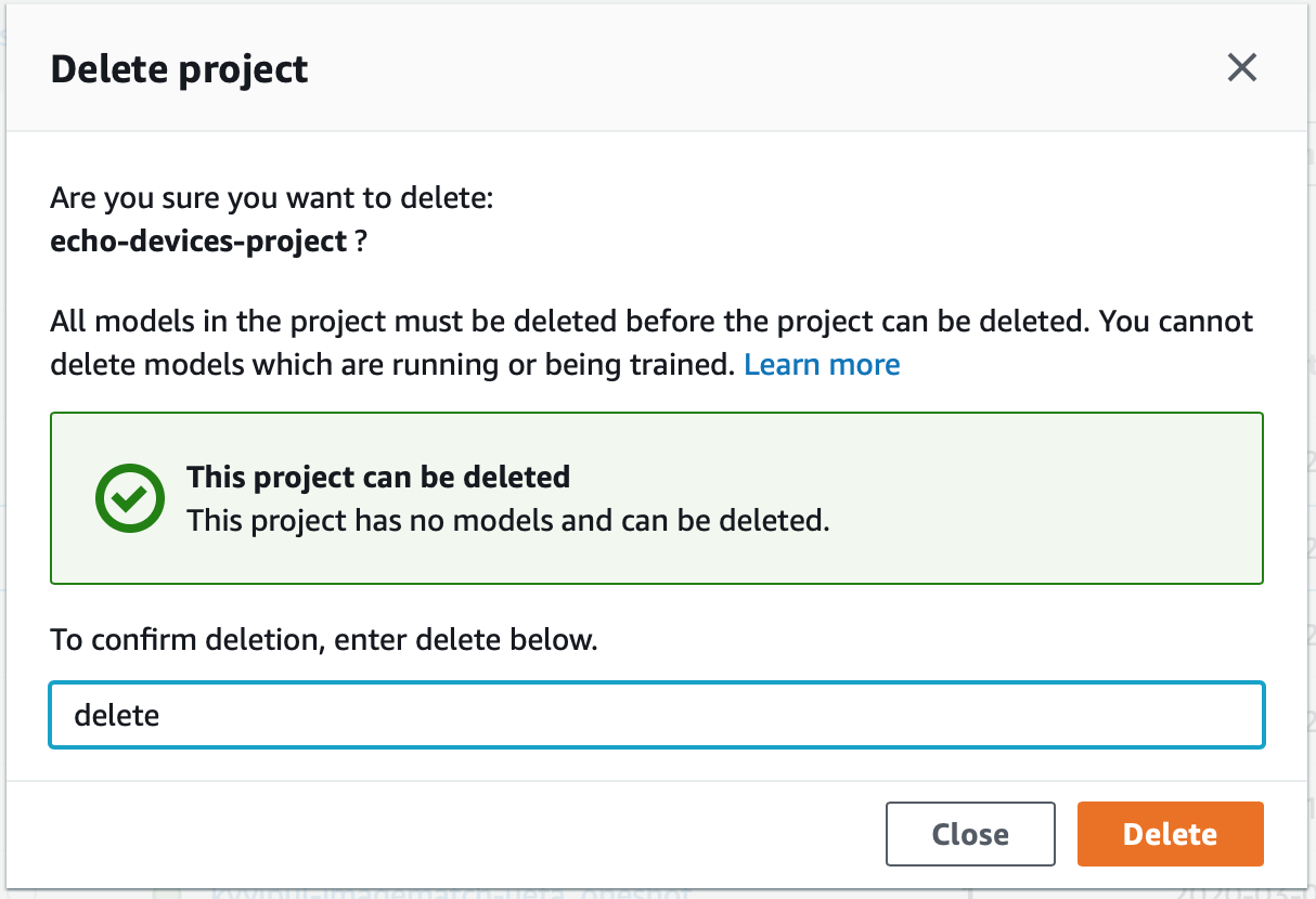 對話方塊，確認刪除沒有模型的「echo-devices-project」專案。