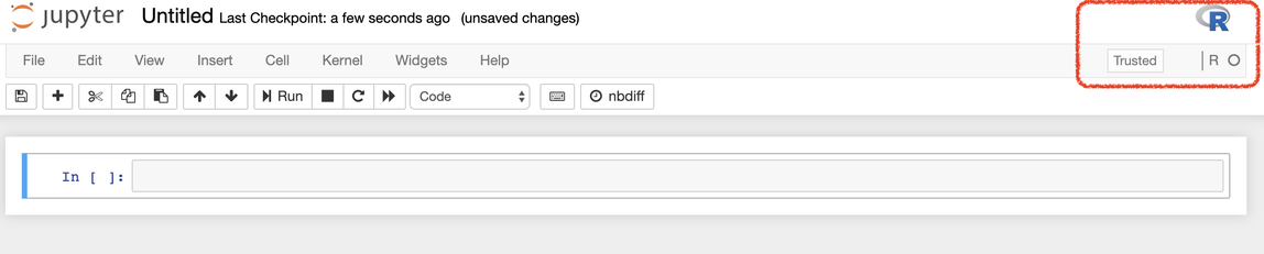 Location of the R logo and R kernel of the notebook environment.