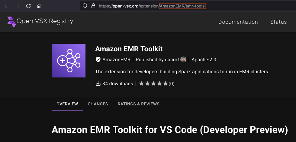 Open VSX Registry 中的 Amazon EMR延伸模組頁面。