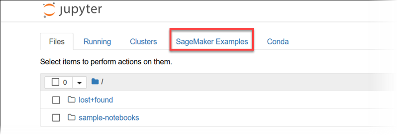 傳統 Jupyter 檢視中 SageMaker AI 範例索引標籤的位置。