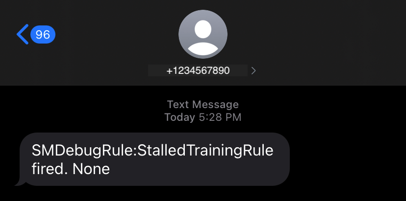 偵錯工具偵錯工具偵測到 StalledTraining 問題時傳送的範例文字通知。