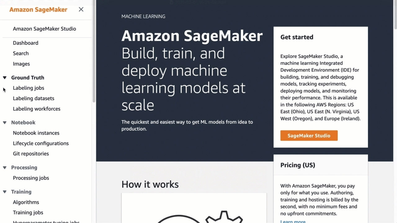 動畫屏幕截圖，顯示如何創建 SageMaker 筆記本實例。
