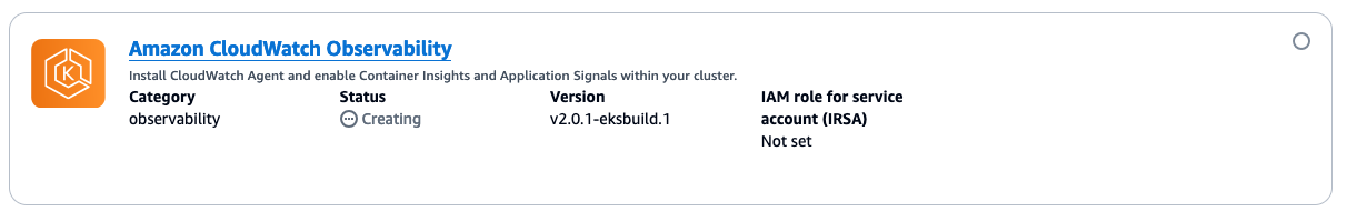 CloudWatch Observability service card showing status, version, and IAM role information.