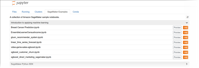 Jupyter 傳統檢視中的 SageMaker AI 範例索引標籤範例。