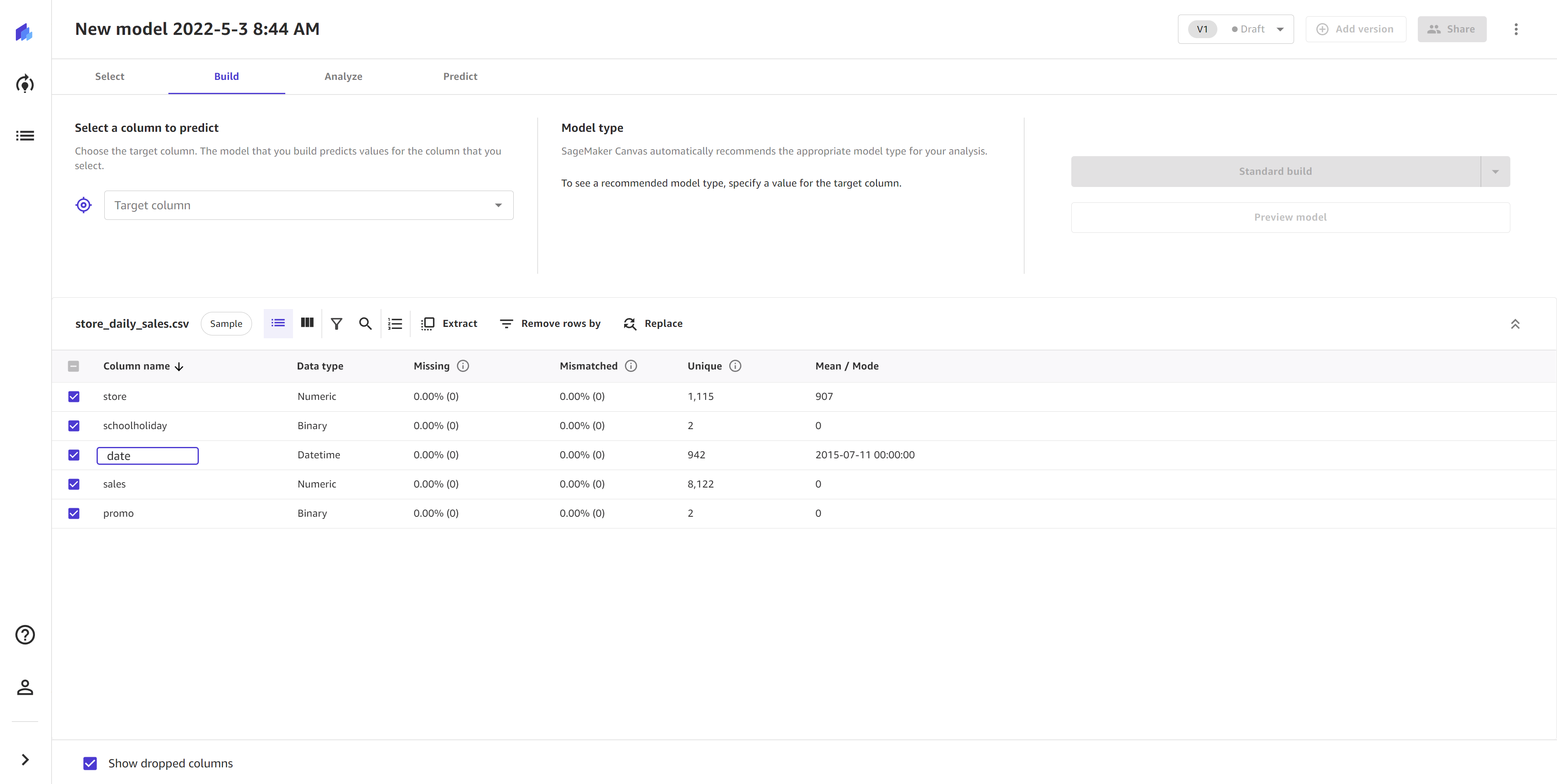 使用 SageMaker Canvas 應用程式中的按兩下方法重新命名資料欄的螢幕擷取畫面。