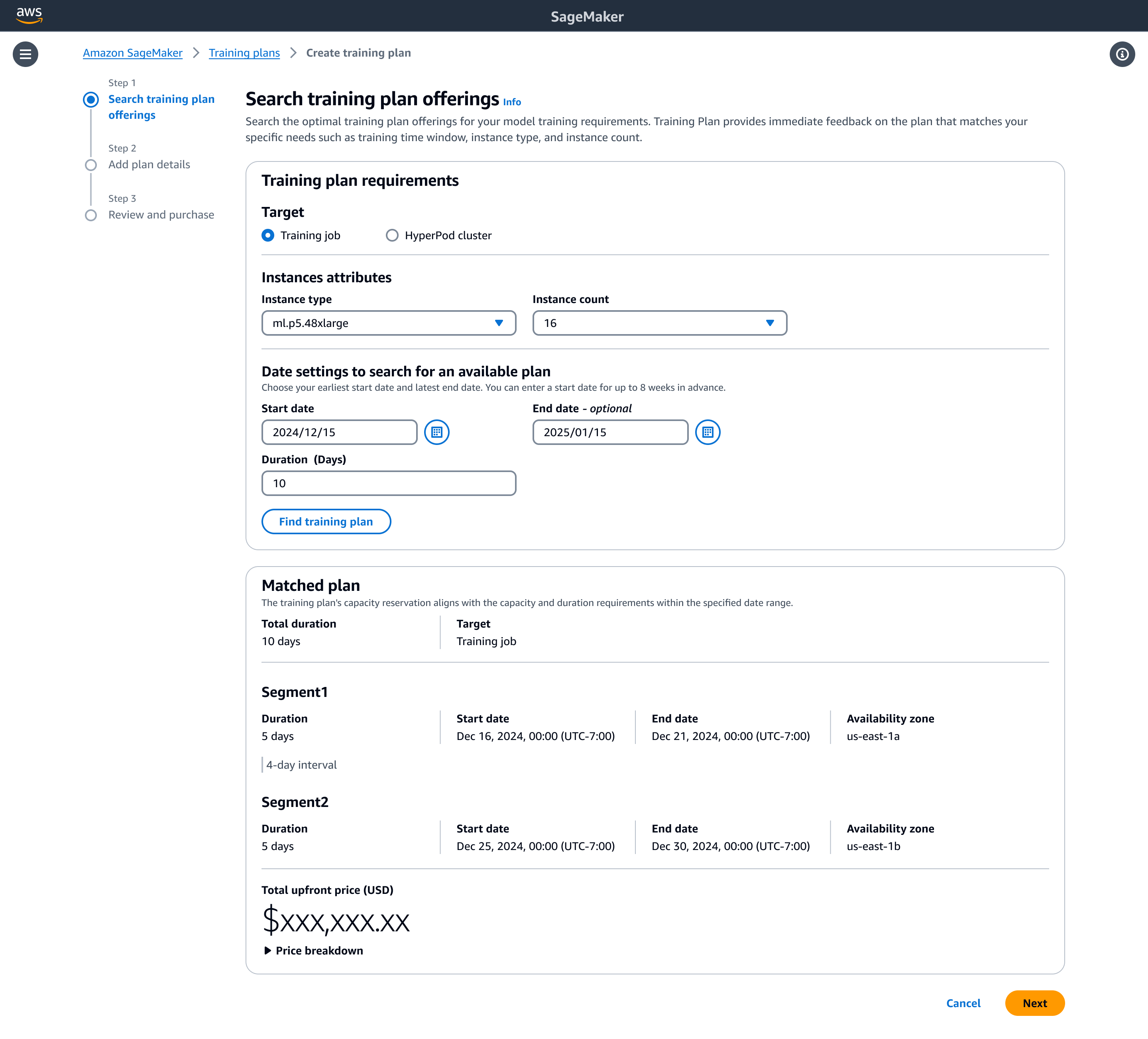 SageMaker AI 主控台顯示「搜尋訓練計劃方案」頁面，其中包含計劃需求的輸入欄位，以及顯示已找到計劃詳細資訊的「相符計劃」區段。計劃分為兩個 5 天區段，橫跨不同的可用區域，其中包含總持續時間、日期和預付價格資訊。