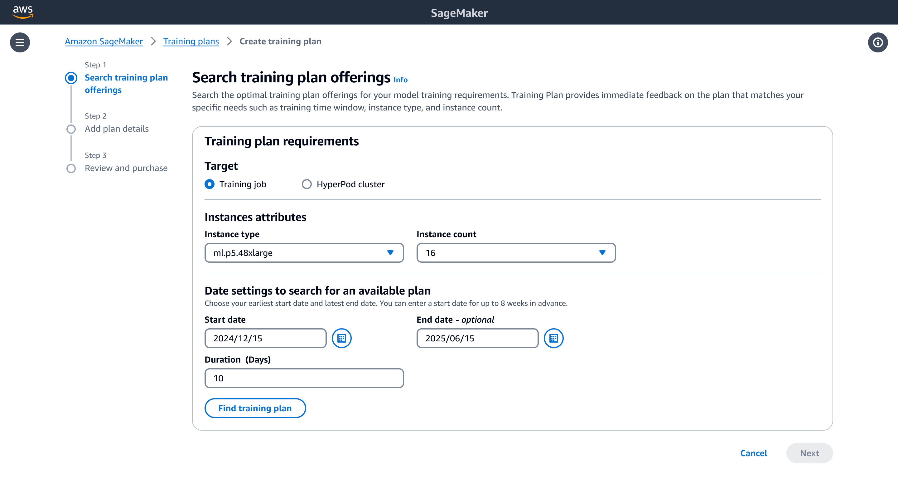 SageMaker AI 主控台顯示「搜尋訓練計畫方案」頁面。介面會顯示選項，以選取計劃的目標資源 （訓練任務或 HyperPod 叢集）、指定執行個體類型和計數、設定開始和結束日期，以及輸入持續時間。表單底部會顯示「尋找訓練計畫」按鈕。