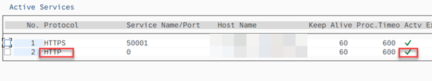 作用中服務清單上 HTTP 通訊協定的綠色核取記號範例。