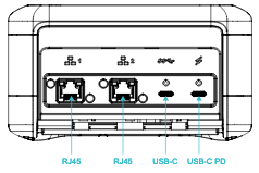Snowcone 裝置的後面板顯示 RJ45、USB-C 和 USB-C PD 連接埠。