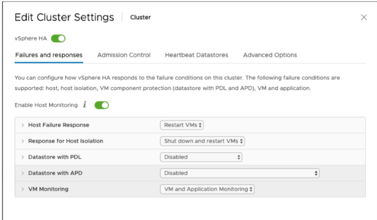 VMware vSphere 已設定虛擬機器和應用程式監視選項的「編輯叢集設定」