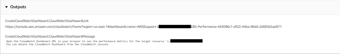 CloudWatch dashboard creation output showing a URL link and a message with instructions.