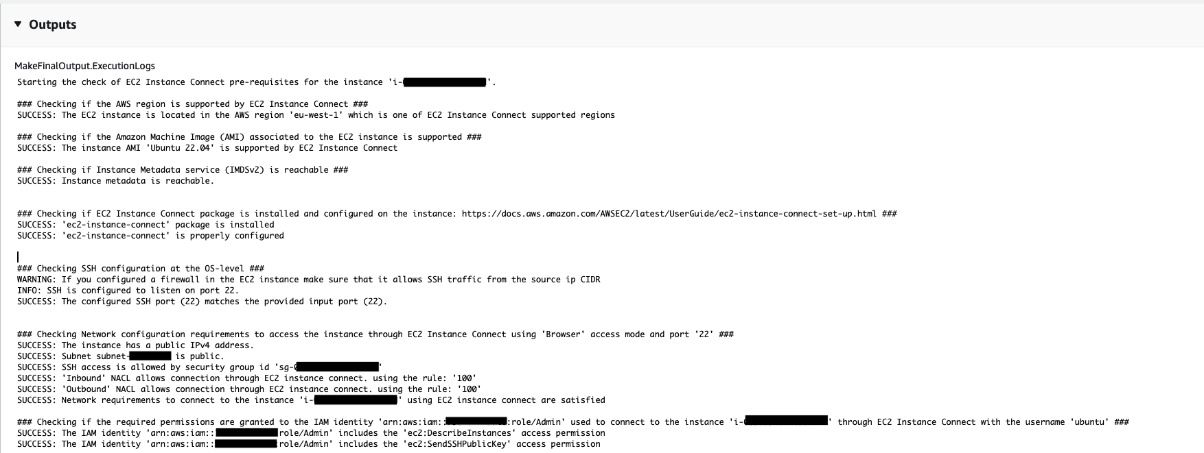 EC2 Instance Connect prerequisites check results showing successful validations for various configurations.