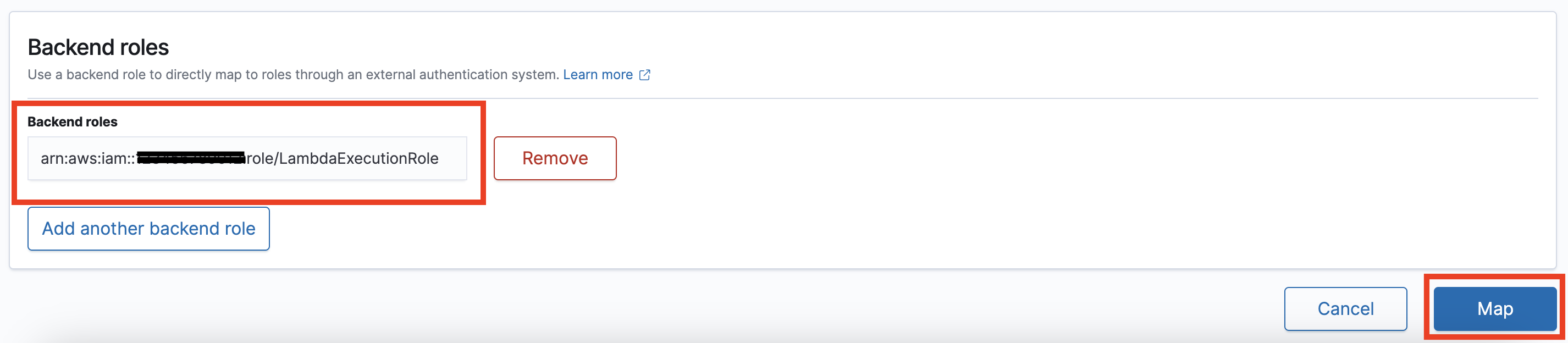 Backend roles interface showing an AWSIAM role for Lambda execution and options to remove or add roles.