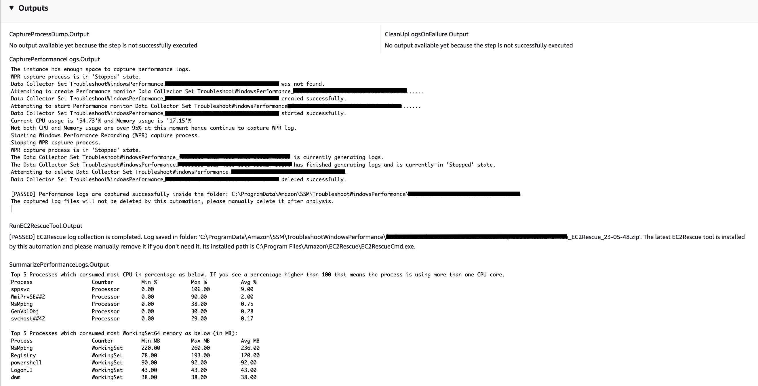 Output logs showing performance capture process, EC2Rescue completion, and top CPU/memory usage processes.