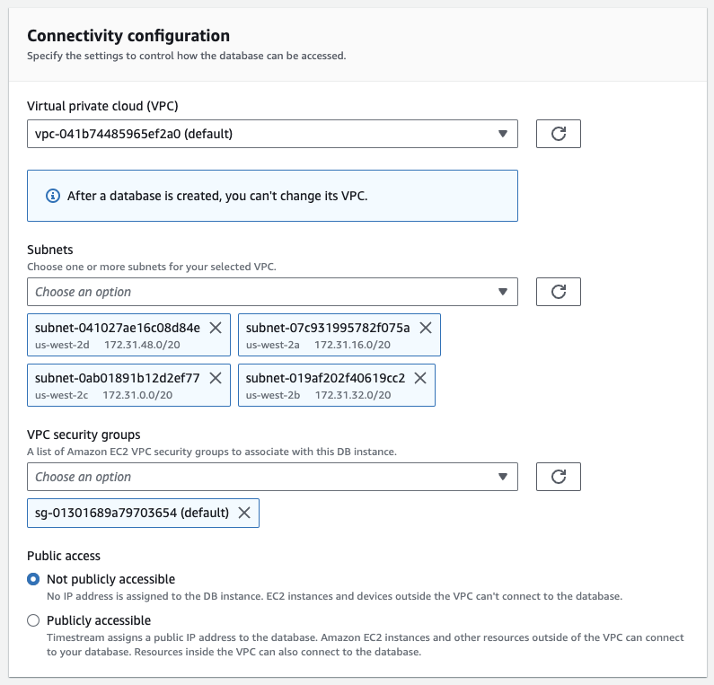 Connectivity configuration interface showing VPC, subnet, security group, and public access options.