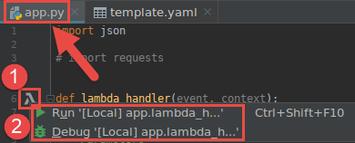 從程式碼檔案中的函數處理常式開始執行或偵錯 Lambda 函數的本機版本