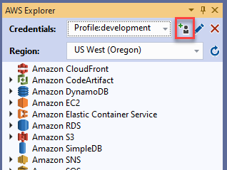 AWS Explorer interface showing services and profile selection dropdown.