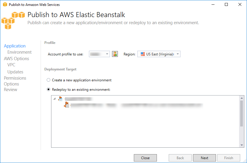 Publish to AWS Elastic Beanstalk dialog with profile and deployment options.