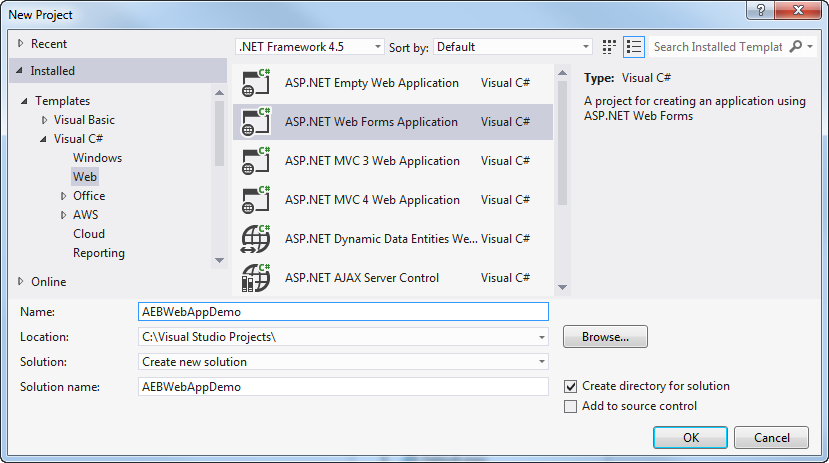 New Project window showing ASP.NET web application templates for Visual C# in .NET Framework 4.5.