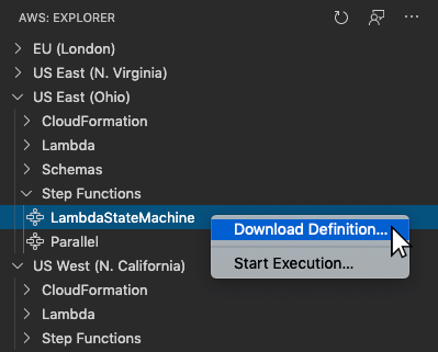 AWS Explorer menu showing LambdaStateMachine with Download Definition option highlighted.