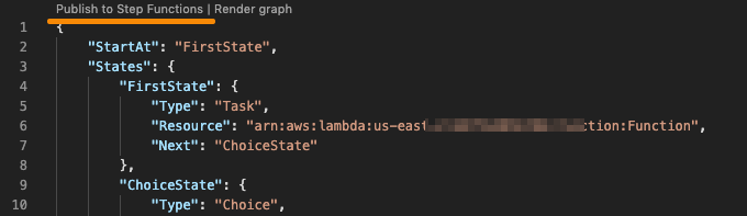 JSON code snippet showing state machine configuration with FirstState and ChoiceState.