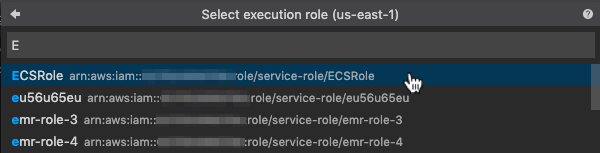 Dropdown menu showing execution role options, with ECSRole highlighted for selection.