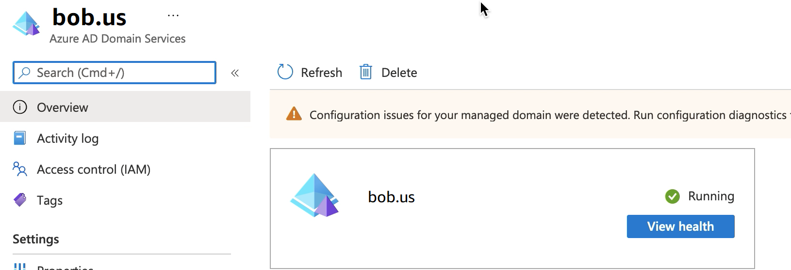 顯示資源群組 bob.us 執行中的 Azure AD 網域服務畫面。