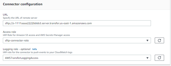 Transfer Family SFTP 連接器主控台，顯示 連接器組態設定。