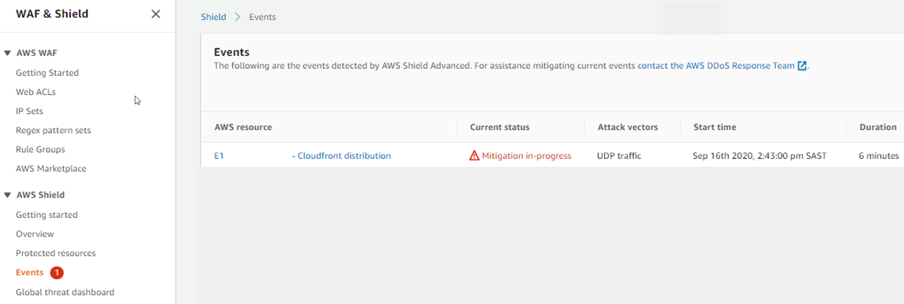 AWS Shield 主控台左側導覽窗格會以紅色反白顯示事件選擇，旁邊有一個數字 1，位於紅色圓圈內。事件頁面會開啟，並在事件清單中顯示單一資料列。資料列會列出類型 CloudFront 分佈 AWS 的資源。目前狀態欄位包含一個三角形的紅色圖示，位於正在進行緩解的單字旁。攻擊向量狀態欄位包含UDP流量 。開始時間欄位包含 2020 年 9 月 16 日下午 2：43：00。 SAST持續時間欄位包含 6 分鐘 。