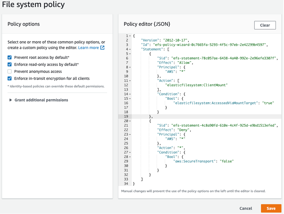 File system policy interface with policy options and JSON editor for custom configurations.