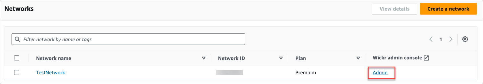 Networks page showing a single network named TestNetwork with Premium plan and Admin link.