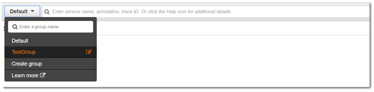 Drop-down menu showing Default, TestGroup, Create group, and Learn more options.